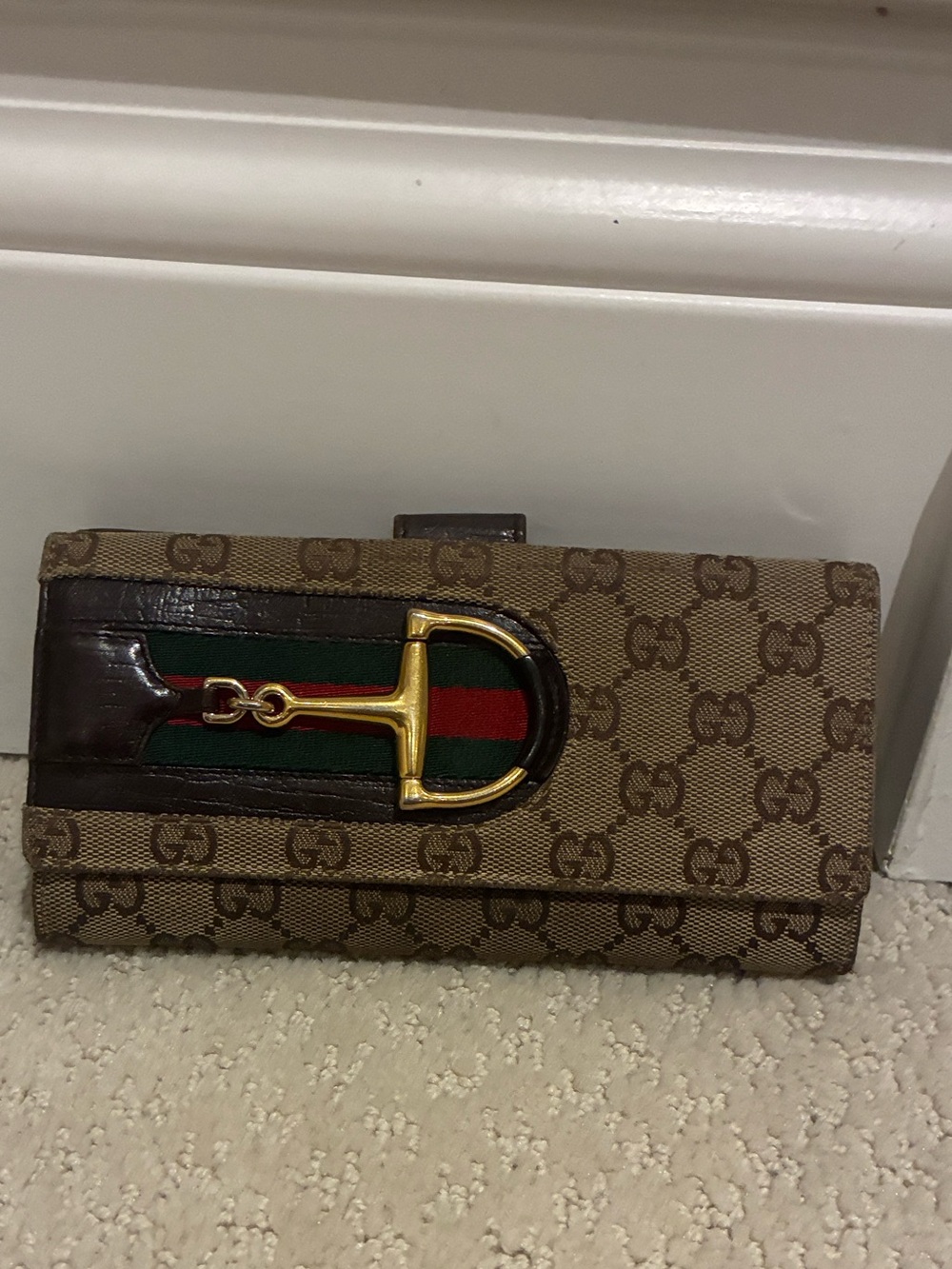 Vintage GUCCI GG Canvas Web Horsebit Long Continental Wallet Brown👝